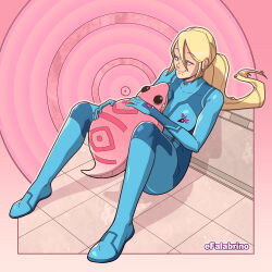 absurdres blonde_hair blue_eyes bodysuit danger!?_tsuchinoko? efalabrino femsub happy_trance long_hair metroid_(series) nintendo ponytail samus_aran signature simple_background sitting sleepy smile snake yu-gi-oh! rating:Safe score:76 user:ItSwingsBothWays