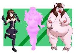  absurdres bbw bottomless brain_drain breasts brown_hair fat female_only femsub furry glowing glowing_eyes hooves magic magical_girl non-human_feet nude original pig_girl skirt tongue tongue_out topless transformation weight_gain xxcloneyxx  rating:explicit score: user:commisoner8008