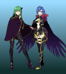 armor blue_eyes blue_hair cape catria_(fire_emblem) cleavage_cutout closed_eyes corruption covering female_only femsub fire_emblem fire_emblem_echoes fire_emblem_mystery_of_the_emblem gloves gold green_hair hair_ornament harrier_(fire_emblem) headband high_heels isobe_roll large_breasts long_hair navel nintendo open_mouth palla_(fire_emblem) short_hair shoulder_pads simple_background sisters smile tagme thigh_boots thighhighs thighs rating:Questionable score:11 user:wokeat4am