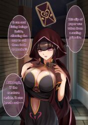 breasts brown_hair card charm_(spell) cleavage dialogue female_only femdom hard_translated heart hypnotic_breasts large_breasts mind_break nail_polish navel nisemono pink_eyes pov_sub robe seductive_smile text translated rating:Safe score:29 user:Bezerker