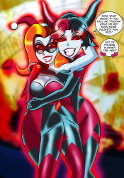absurdres batman_(series) black_hair black_sclera bodysuit breasts cleavage corruption dc_comics evil_smile female_only femdom glowing glowing_eyes goggles harley_quinn horns hypnotic_accessory large_breasts latex multicolored_hair pale_skin poison_ivy red_hair short_hair smile super_hero text thighhighs western zorro-zero rating:Questionable score:64 user:Grim