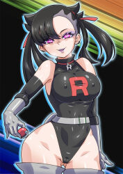  black_hair breasts corruption empty_eyes enemy_conversion female_only femsub happy_trance hat large_breasts latex marnie_(pokemon) nintendo nun_(artist) open_mouth pokeball pokemon pokemon_sword_and_shield smile solo symbol_in_eyes team_rocket  rating:questionable score: user:itzugushi