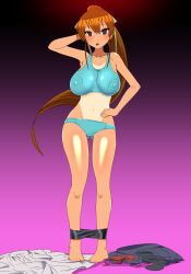 bike_shorts blue_eyes breasts brown_hair empty_eyes female_only femsub ganbari_mascarpone large_breasts long_hair midriff navel original ponytail ribbon school_uniform sports_bra sports_briefs sportswear tan_lines tan_skin tank_top thighs undressing rating:Questionable score:45 user:Disastermaster55