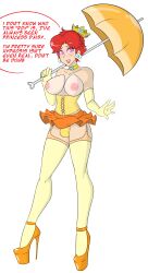 absurdres breasts crossdressing crown fake_breasts feminization fire_emblem fire_emblem_the_binding_blade garter_straps gloves high_heels identity_swap jewelry large_breasts male_only malesub memory_lapse nintendo opera_gloves princess princess_daisy princessification roy_(fire_emblem) sealguy solo spiral_eyes super_mario_bros. super_smash_bros. symbol_in_eyes text thighhighs topless unaware rating:Questionable score:118 user:plsignore