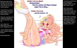 age_regression artist_request blonde_hair blush bottomless diaper dress empty_eyes femsub gloves happy_trance hinzel_(manipper) humor jewelry long_hair magical_girl maledom manip skirt source_request text urination rating:Questionable score:63 user:Hinzel