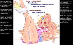 age_regression artist_request blonde_hair blush bottomless diaper dress empty_eyes femsub gloves happy_trance hinzel_(manipper) humor jewelry long_hair magical_girl maledom manip skirt source_request text urination rating:questionable score: user:hinzel