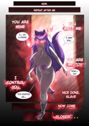 absurdres animal_ears anno_(anno) boots bottomless breasts comic dialogue female_only femdom femsub floofy_(bluesfloofy) fox_girl glowing glowing_eyes huge_breasts kitsune_girl long_hair mahoumonsterart nude original purple_hair text topless rating:Explicit score:104 user:Hypnorgasm