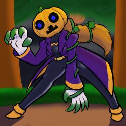 black_sclera blue_hair corruption femsub halloween long_hair orange_hair original plant playfulelegy pumpkin transformation rating:questionable score: user:thegoodshank