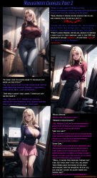absurdres ai_art bare_legs before_and_after blonde_hair blue_eyes caption cleavage collarbone dialogue femsub gregory_michelson_(generator) large_breasts long_hair looking_at_viewer office office_lady pants purple_eyes sexism shirt short_skirt skirt text rating:Questionable score:116 user:Greg2470