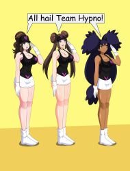 black_hair brown_hair dark_skin dialogue dlobo777 empty_eyes femsub happy_trance hilda iris large_breasts long_hair nintendo pokemon rosa_(pokemon) team_hypno text rating:Questionable score:8 user:Proyecto38