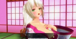 3d blush breasts chelsea_(mc_trap_town) cleavage dialogue female_only green_eyes japanese_clothing kamen_writer_mc kimono large_breasts lipstick long_hair mc_trap_town ponytail red_lipstick screenshot solo text translated white_hair rating:Questionable score:4 user:Amazingbrahjr