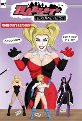 bare_legs batman_(series) black_canary blonde_hair breasts cleavage cleavage_cutout comic dc_comics dialogue evil_smile female_only femdom femsub fishnets harley_quinn huntress large_breasts legs leotard long_hair polmanning power_girl smile super_hero superman_(series) text western rating:Questionable score:83 user:solddate