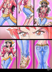 black_hair blush breasts cleavage comic female_only femdom hat high_heels kyo-domesticfucker large_breasts long_hair midriff monkey_d._luffy nami_(one_piece) one_piece open_clothes open_mouth orange_hair sandals tears torn_clothes transformation transgender rating:Questionable score:26 user:TheGoodShank