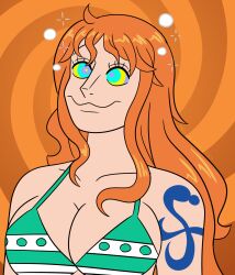  bikini_top breasts happy_trance kaa_eyes long_hair maggotmike nami_(one_piece) one_piece orange_hair smile spiral_background tattoo  rating:safe score: user:maggotmike