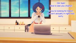 apron aware blue_eyes blue_hair clothed dialogue english_text female_only johanna milf mustardsauce pokemon pokemon_(anime) solo text rating:Safe score:0 user:Bootyhunter69