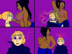 black_hair blonde_hair breasts coils colorrings comic female_only femdom femsub happy_trance hypnotic_breasts kaa_eyes large_breasts long_hair nipples open_mouth original snake snake_girl topless yuri rating:Questionable score:89 user:gnomishengineer