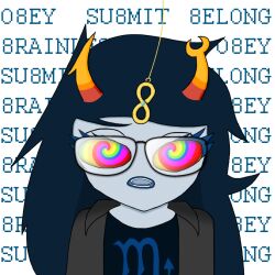 alien black_hair dazed expressionless fangs femsub glasses gold grey_skin homestuck horns jacket long_hair open_mouth pendulum sebald-of-crete spiral_eyes symbol_in_eyes text vriska_serket western rating:safe score: user:mordredderby