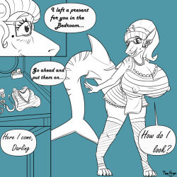 ass breasts comic domestication erect_nipples erect_nipples_under_clothes feminization femsub furry glasses greyscale large_ass large_breasts mageomega monochrome necklace nipples shark_girl spiral_eyes stepfordization symbol_in_eyes rating:Explicit score:7 user:PsychoFox