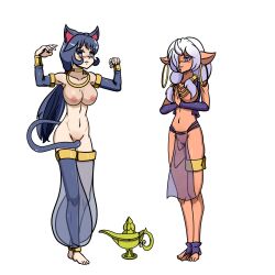 accidental_hypnosis animal_ears cat_ears cat_girl cleoha_(sonrio) clothed_exposure elf_ears empty_eyes genie horns idpet loincloth nude tail tiana_(sonrio) transformation unicorn_girl rating:Questionable score:21 user:IDPet