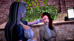 3d absurdres chujiwanjia eye_roll femdom femsub magic maid milf open_mouth original red_hair suit symbol tattoo text translated white_hair yu_ran rating:Questionable score:14 user:lifmcs