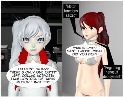 3d absurdres breasts collar comic female_only femsub ponytail pyrrha_nikos red_hair rwby tagme tech_control tepmarmy text weiss_schnee rating:Questionable score:15 user:BlueMonday1984