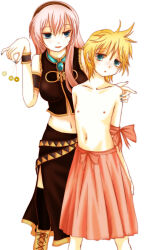  blonde_hair blue_eyes crossdressing femboy femdom flat_chest kazuha len_kagamine long_hair luka_megurine malesub pendulum pink_hair short_hair skirt topless trap vocaloid  rating:safe score: user:mattlau04