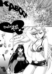 amatake_akewo bikini_top bow breasts coin comic earrings greyscale gun jewelry large_breasts long_hair panty panty_and_stocking_with_garterbelt pussy short_shorts smile stocking sword text violence rating:Explicit score:16 user:HiddenAgenda
