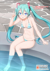 bikini blue_hair breasts female_only femsub glowing glowing_eyes headphones long_hair looking_at_viewer miku_hatsune open_mouth pool solo text twintails v vahn_yourdoom vocaloid rating:Safe score:40 user:vahn_yourdoom