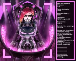 bodysuit bondage breasts drone female_only glasses headphones hexcorp_(sleepystephbot) hypnotic_accessory hypnotic_screen latex plasma-dragon red_hair restrained tech_control text rating:Questionable score:46 user:Jade