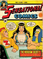 apron armor blue_eyes bodysuit brown_hair bubble columbia_(maggotmike) comic dialogue empty_eyes femsub hair_ornament happy_trance long_hair maggotmike maid maid_headdress multiple_boys muscle_boy open_mouth original smile sparkle speech_bubble super_hero text tray rating:Safe score:44 user:MaggotMike