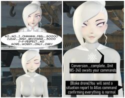 3d absurdres collar comic female_only femsub graybot resisting rwby tech_control tepmarmy text whitewash_eyes winter_schnee rating:Questionable score:13 user:YuriLover2