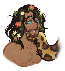  beard chin_hold coils flower_in_hair happy_trance long_hair male_only malesub scalesandspirals scars smile  rating:safe score: user:sleepyboi32