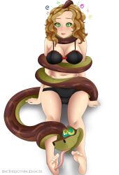 absurdres barefoot blush bra brown_hair cleavage coils disney enetheligthingdancer feet femsub foot_licking happy_trance hypnotic_eyes kaa kaa_eyes licking maledom original panties simple_background smile snake tail the_jungle_book tongue underwear white_background rating:Questionable score:79 user:Jabberwocky