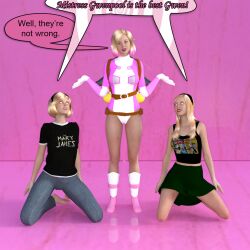 3d absurdres blonde_hair dialogue female_only femdom femsub gwen_poole gwen_stacy gwenpool happy_trance kneeling marvel_comics shirt spider-gwen spiral spiral_eyes super_hero symbol_in_eyes text theheckle rating:Questionable score:36 user:theheckle