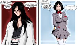 before_and_after bleach breasts dialogue female_only femsub happy_trance large_breasts long_hair polmanning retsu_unohana school_uniform skirt smile text rating:Questionable score:78 user:PolManning