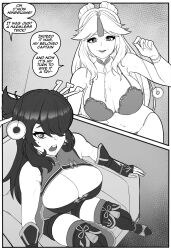 absurdres beidou black_hair blonde_hair breasts cleavage coin comic dialogue eshie female_only femdom femsub genshin_impact large_breasts monochrome multiple_girls ningguang_(genshin_impact) pendulum restrained sitting text turning_the_tables yuri rating:Questionable score:60 user:Detour