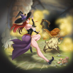 breasts dragon's_crown hat large_breasts long_hair magic_wand mushroom red_hair sorceress_(dragon's_crown) uns rating:questionable score: user:thegoodshank