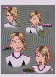 before_and_after blonde_hair chin_hold comic crossed_eyes femsub green_eyes gwen_stacy happy_trance hypnotic_eyes madeleine_(dragon's_dogma) maledom marvel_comics open_mouth resisting short_hair sp0rel0rd spider-gwen spider-man_(series) spiral_eyes super_hero symbol_in_eyes text tongue_out western rating:Questionable score:274 user:Ordeper