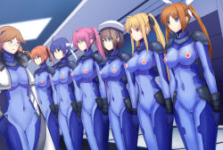 blonde_hair blue_eyes blue_hair bodysuit breasts brown_hair cameltoe cape daiaru expressionless fate_testarossa femdom femsub hat hayate_yagami headband magical_girl_lyrical_nanoha nanoha_takamachi nipple_cutout orange_hair pink_hair quattro_(nanoha) red_eyes red_hair ribbon robot robotization signum standing standing_at_attention subaru_nakajima teana_lanster tech_control yellow_eyes rating:Explicit score:11 user:aodh