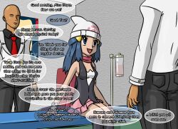 bald blue_eyes blue_hair business_suit dachimotsu dawn dialogue doctor hat long_hair nintendo no_eyes open_mouth pokemon pokemon_diamond_pearl_and_platinum skirt smile suit text rating:Questionable score:58 user:Dachimotsu