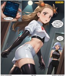 ai_art brown_hair devianbar dialogue grey_hair jasmine large_breasts long_hair nintendo oakley pokemon short_hair team_hypno team_rocket text rating:Safe score:4 user:Proyecto38