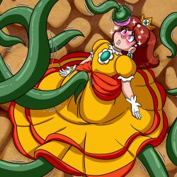  blush crotch_rub crown dress drool earrings femsub gloves hypnotic_tentacle kneeling lipstick maggotmike nintendo princess_daisy short_hair spiral_eyes super_mario_bros. tentacles  rating:explicit score: user:maggotmike