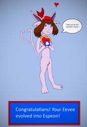  blue_eyes bottomless brown_hair daybreak espeon femsub furry glowing linda may nintendo nude pokemon pokemon_ruby_sapphire_and_emerald pubic_hair solo text topless traditional transformation  rating:questionable score: user:linda