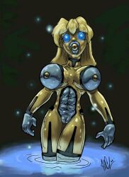 abs bastianmage blue_eyes bodysuit erect_nipples female_only femsub gina_diggers glowing glowing_eyes gold_digger looking_at_viewer robotization solo wolfrose_(colors) rating:explicit score: user:multilimbedxeno