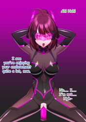 ahegao barcode bodysuit brown_hair collar corruption dildo drool green_eyes headphones lukazyx misti_rockwell_(lilpenpusher) original purple_background resisting sex_toy tech_control text tongue_out visor rating:Explicit score:36 user:LilPenpusher