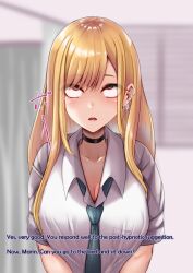 amagiri_miki blonde_hair blush breasts choker cleavage collarbone earrings empty_eyes expressionless eye_roll femsub hard_translated large_breasts long_hair maledom marin_kitagawa my_dress-up_darling open_mouth red_eyes school_uniform text tie tongue translated rating:Safe score:28 user:roseateheart