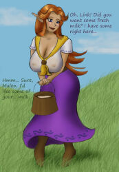 breasts cleavage elf elf_ears huge_breasts langtang's_wife large_breasts malon milk nintendo nipples ocarina_of_time red_hair text the_legend_of_zelda rating:Questionable score:37 user:langtang
