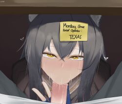 animal_ears arknights blowjob_face blush censored english_text eroborne fellatio femsub fingerless_gloves gloves grey_hair heart heart_eyes looking_at_viewer male_pov maledom oral penis pov pov_dom symbol_in_eyes table talisman texas_(arknights) text under_table v yellow_eyes rating:Explicit score:111 user:JustChilling