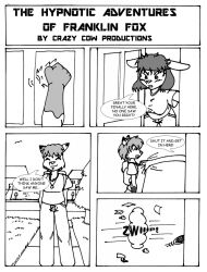 breasts bunny_girl comic crazycowproductions fox_boy franklin_fox furry greyscale large_breasts monochrome original short_hair text traditional rating:Questionable score:22 user:hypno