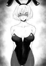 absurdres animal_ears arms_behind_back bare_shoulders blush breasts bunny_ears bunny_girl bunnysuit clothed empty_eyes expressionless fake_animal_ears female_only femsub gridman_universe large_breasts looking_at_viewer mujina_(gridman) pswaller short_hair solo ssss.dynazenon standing sweat rating:Questionable score:14 user:JustChilling